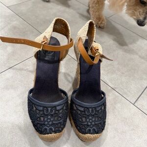 Tory Burch Navy Lace Espadrille Wedge with Tan Ankle Strap - 5.5